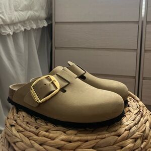 Tan Slip-On Clogs with Gold Buckle- Birkenstock